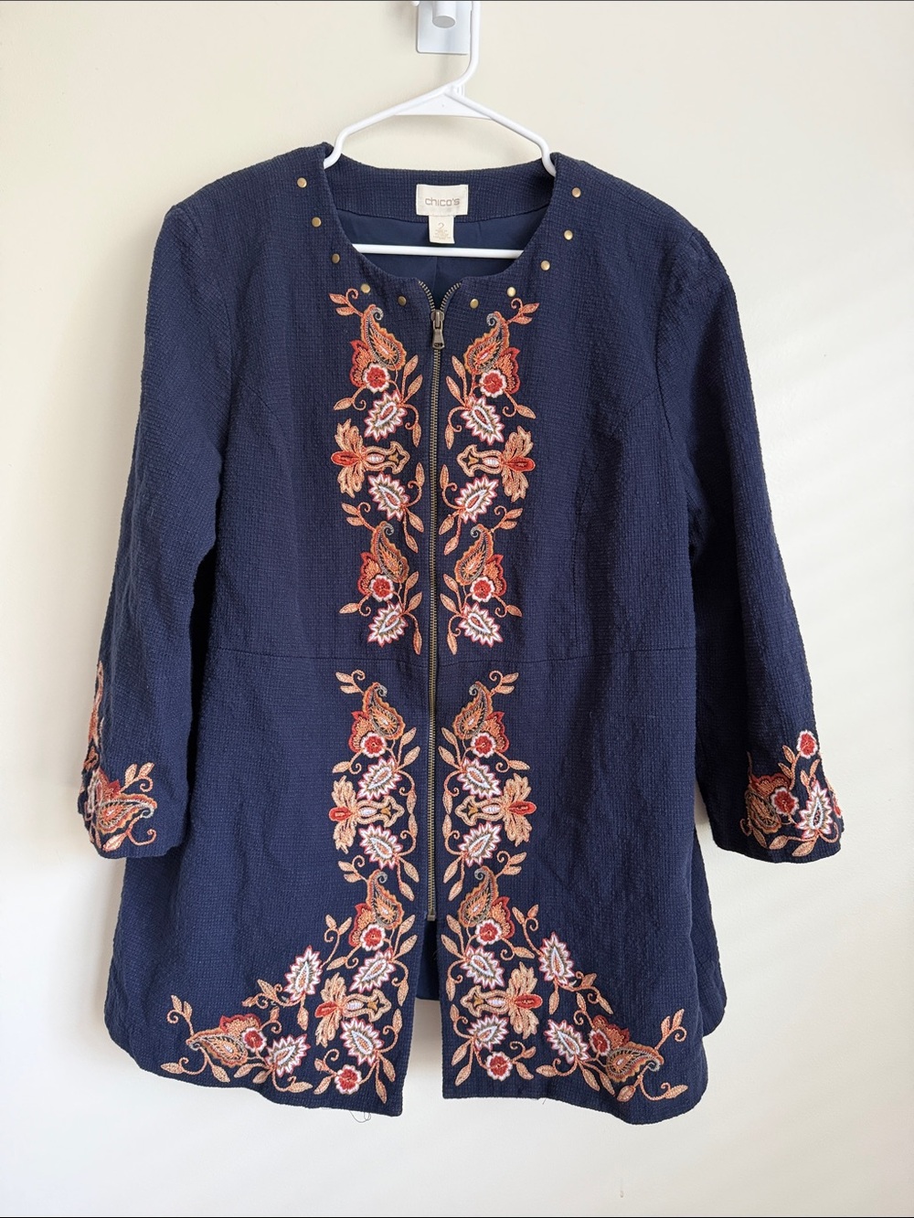 Chico's Navy Floral Embroidered Zip Long Jacket